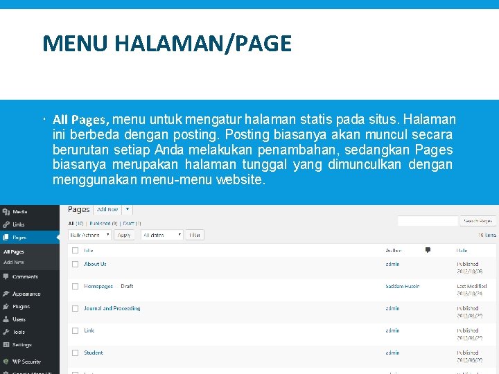 MENU HALAMAN/PAGE All Pages, menu untuk mengatur halaman statis pada situs. Halaman ini berbeda