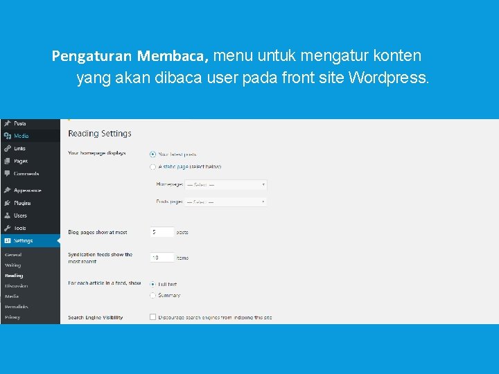 Pengaturan Membaca, menu untuk mengatur konten yang akan dibaca user pada front site Wordpress.