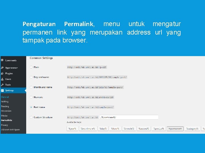 Pengaturan Permalink, menu untuk mengatur permanen link yang merupakan address url yang tampak pada