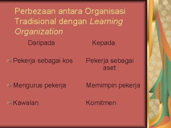 Perbezaan antara Organisasi Tradisional dengan Learning Organization Daripada Kepada Pekerja sebagai kos Pekerja sebagai