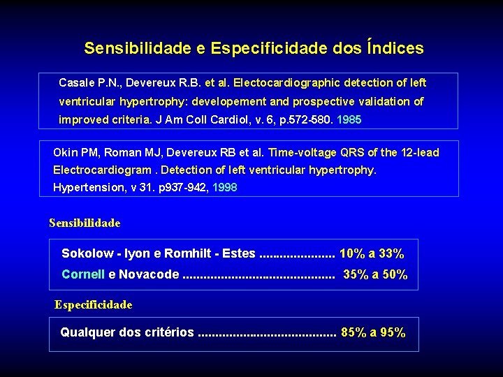 Sensibilidade e Especificidade dos Índices Casale P. N. , Devereux R. B. et al.