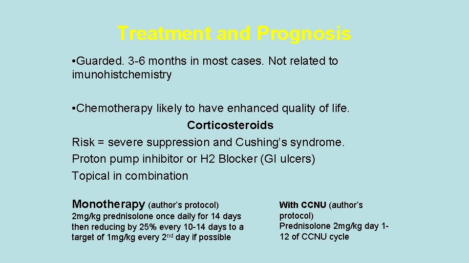 Treatment and Prognosis • Guarded. 3 -6 months in most cases. Not related to