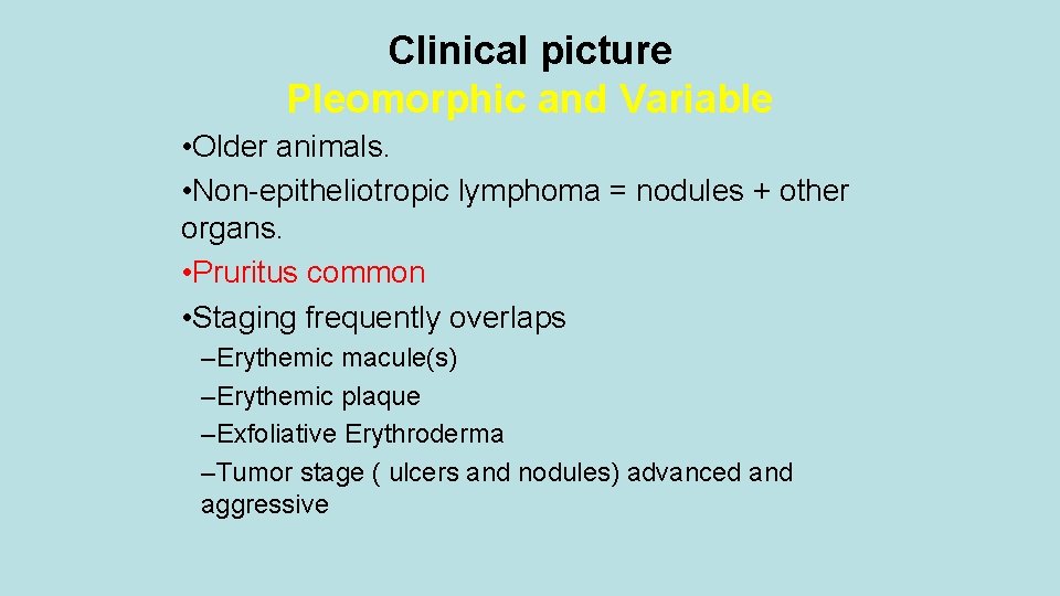 Clinical picture Pleomorphic and Variable • Older animals. • Non-epitheliotropic lymphoma = nodules +
