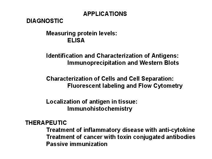 APPLICATIONS DIAGNOSTIC Measuring protein levels: ELISA Identification and Characterization of Antigens: Immunoprecipitation and Western