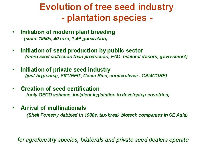 Evolution of tree seed industry - plantation species • Initiation of modern plant breeding