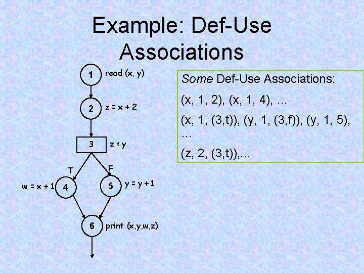 Example: Def-Use Associations 1 read (x, y) 2 z=x+2 3 F T w=x+1 z<y