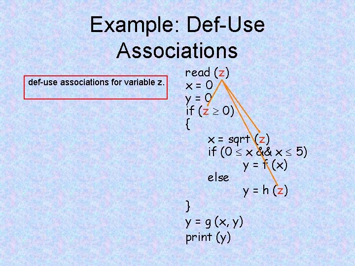 Example: Def-Use Associations def-use associations for variable z. read (z) x=0 y=0 if (z
