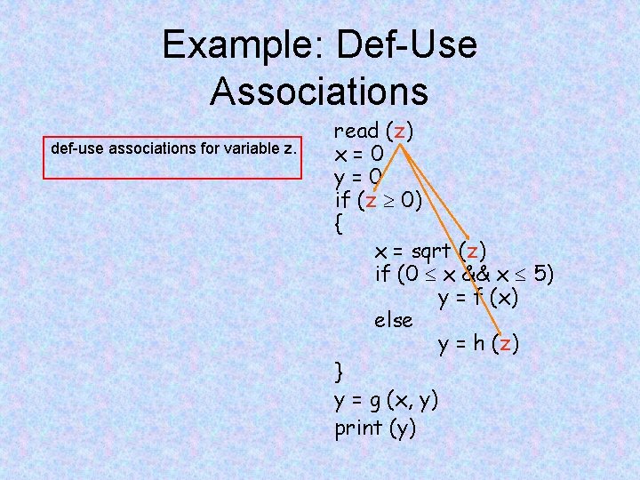 Example: Def-Use Associations def-use associations for variable z. read (z) x=0 y=0 if (z Example: Def-Use Associations def-use associations for variable z. read (z) x=0 y=0 if (z
