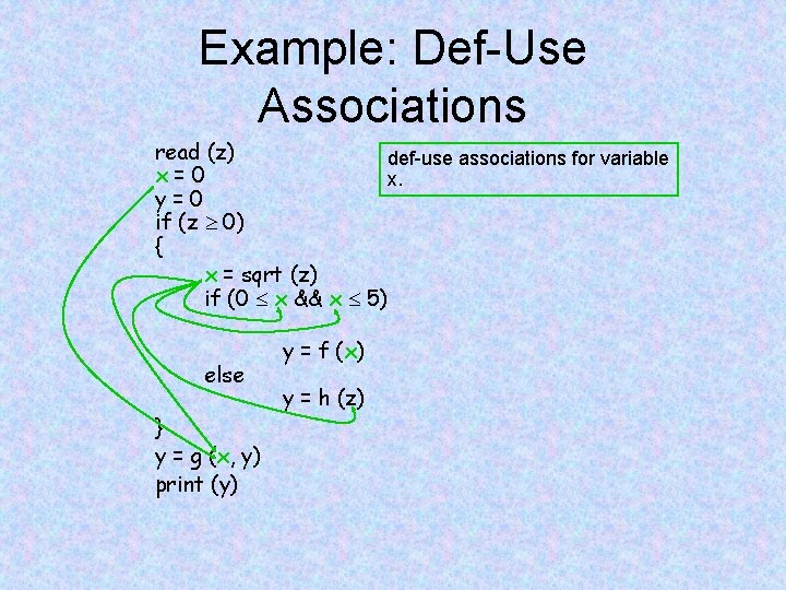 Example: Def-Use Associations read (z) def-use associations for variable x=0 x. y=0 if (z Example: Def-Use Associations read (z) def-use associations for variable x=0 x. y=0 if (z