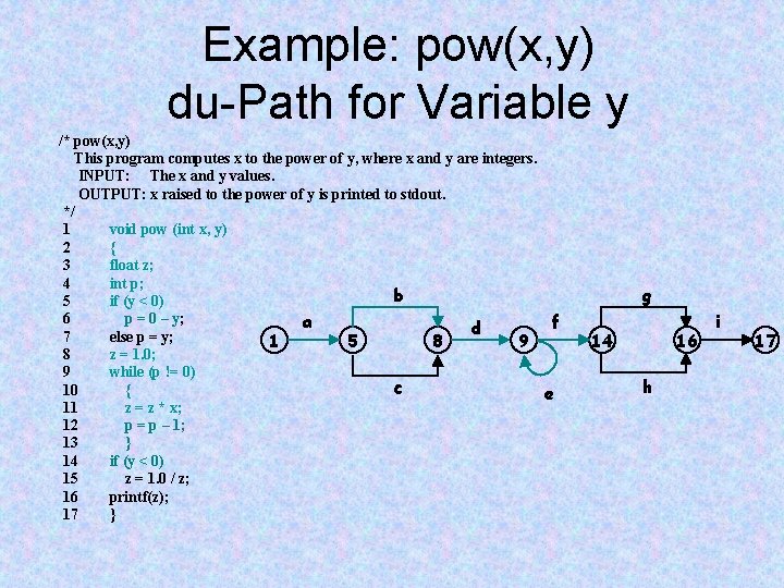 Example: pow(x, y) du-Path for Variable y /* pow(x, y) This program computes x