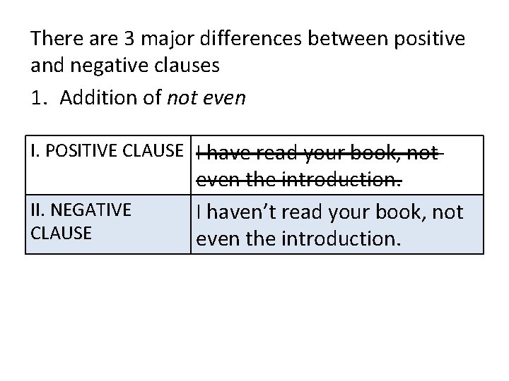 There are 3 major differences between positive and negative clauses 1. Addition of not