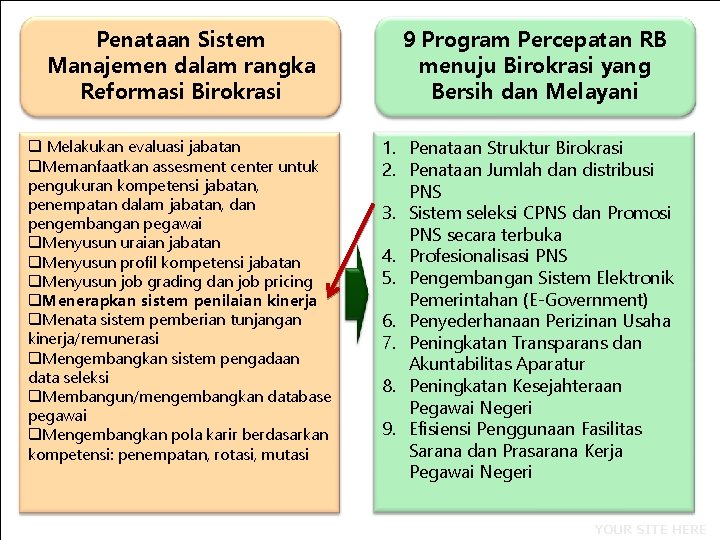 Penataan Sistem Manajemen dalam rangka Reformasi Birokrasi q Melakukan evaluasi jabatan q. Memanfaatkan assesment
