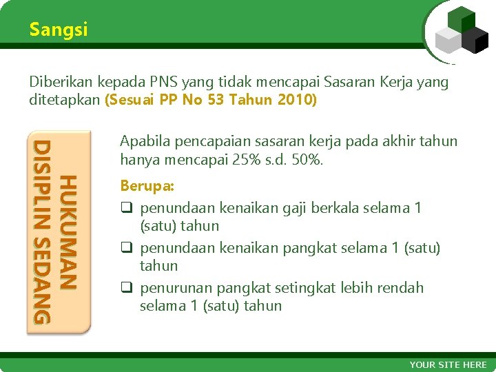 Sangsi Diberikan kepada PNS yang tidak mencapai Sasaran Kerja yang ditetapkan (Sesuai PP No