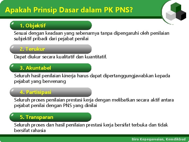 Apakah Prinsip Dasar dalam PK PNS? 1. Objektif Sesuai dengan keadaan yang sebenarnya tanpa