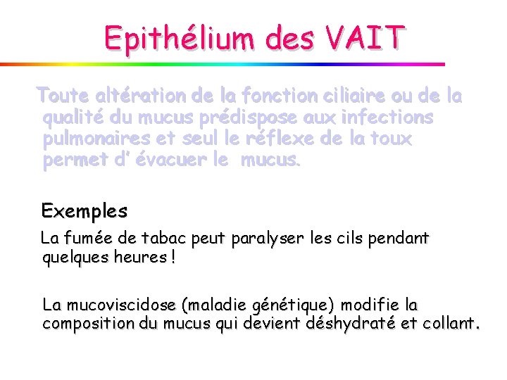 Epithélium des VAIT Toute altération de la fonction ciliaire ou de la qualité du