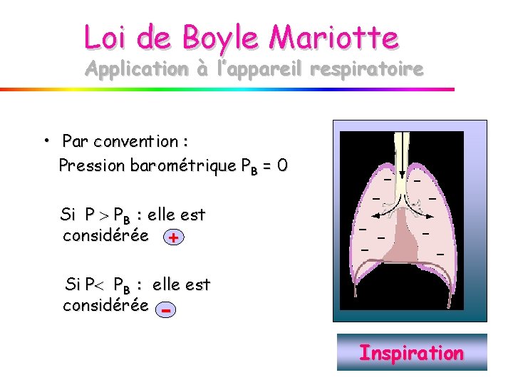 Loi de Boyle Mariotte Application à l’appareil respiratoire • Par convention : Pression barométrique