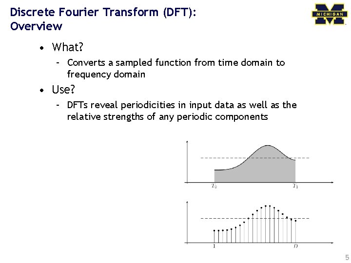 Discrete Fourier Transform (DFT): Overview • What? – Converts a sampled function from time