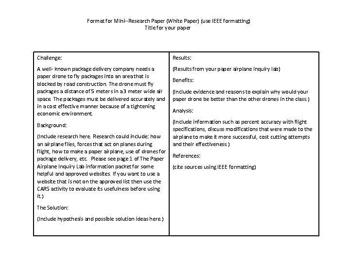 Format for Mini Research Paper (White Paper) (use IEEE formatting) Title for your paper