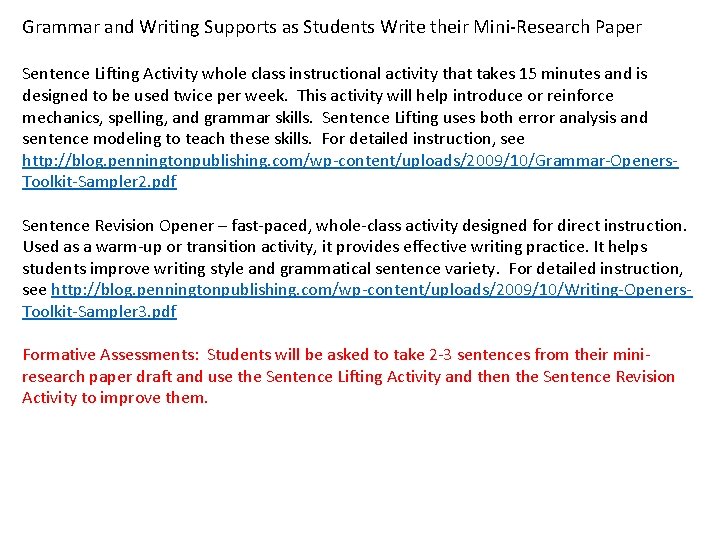 Grammar and Writing Supports as Students Write their Mini Research Paper Sentence Lifting Activity