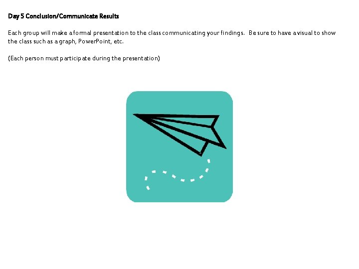 Day 5 Conclusion/Communicate Results Each group will make a formal presentation to the class