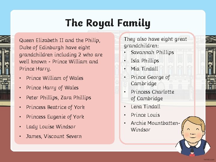 The Royal Family Queen Elizabeth II and the Philip, Duke of Edinburgh have eight