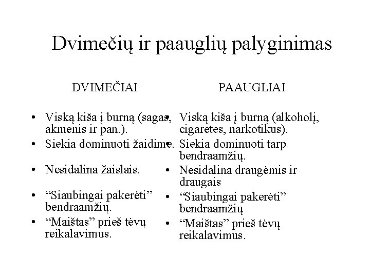 Dvimečių ir paauglių palyginimas DVIMEČIAI PAAUGLIAI • Viską kiša į burną (sagas, • Viską