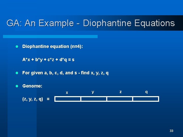 GA: An Example - Diophantine Equations l Diophantine equation (n=4): A*x + b*y +