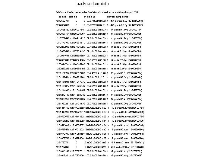 backup dumpinfo /afs/enea. it/fra/user/dangelo> /usr/afsws/etc/backup dumpinfo -ndumps 1000 dumpid parentid lv created nt nvols