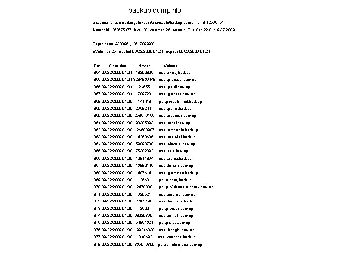 backup dumpinfo afs/enea. it/fra/user/dangelo> /usr/afsws/etc/backup dumpinfo -id 1253575177 Dump: id 1253575177, level 20, volumes