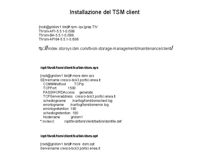 Installazione del TSM client [root@gridsrv 1 bin]# rpm -qa |grep TIVsm-API-5. 5. 1 -0.