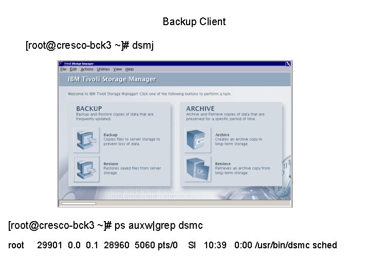Backup Client [root@cresco-bck 3 ~]# dsmj [root@cresco-bck 3 ~]# ps auxw|grep dsmc root 29901