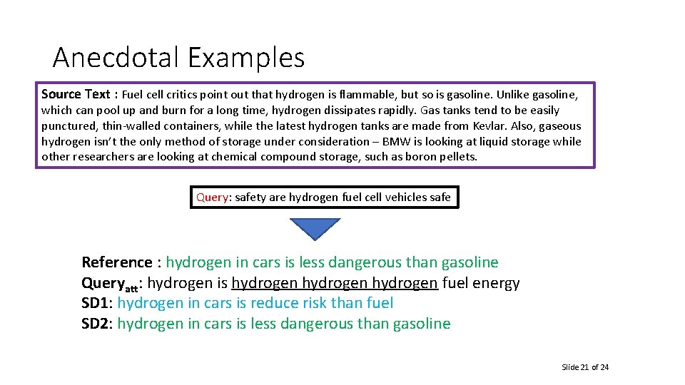 Anecdotal Examples Source Text : Fuel cell critics point out that hydrogen is flammable,