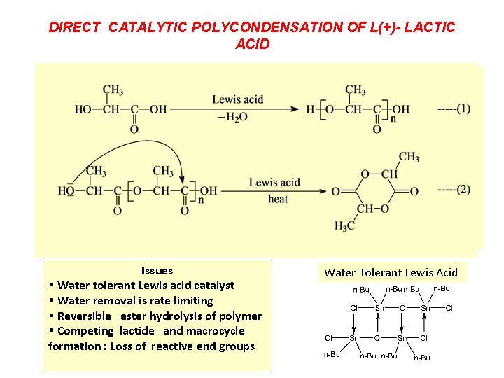 DIRECT CATALYTIC POLYCONDENSATION OF L(+)- LACTIC ACID Issues § Water tolerant Lewis acid catalyst