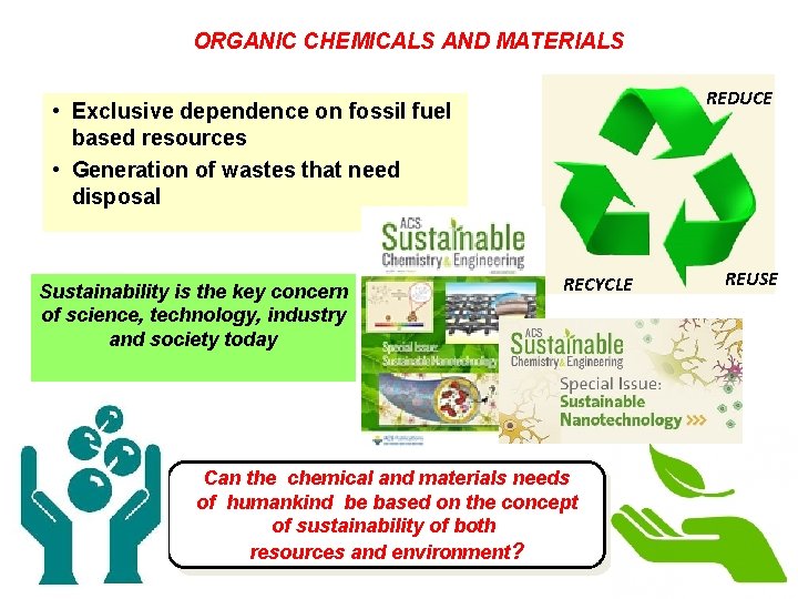 ORGANIC CHEMICALS AND MATERIALS REDUCE • Exclusive dependence on fossil fuel based resources •