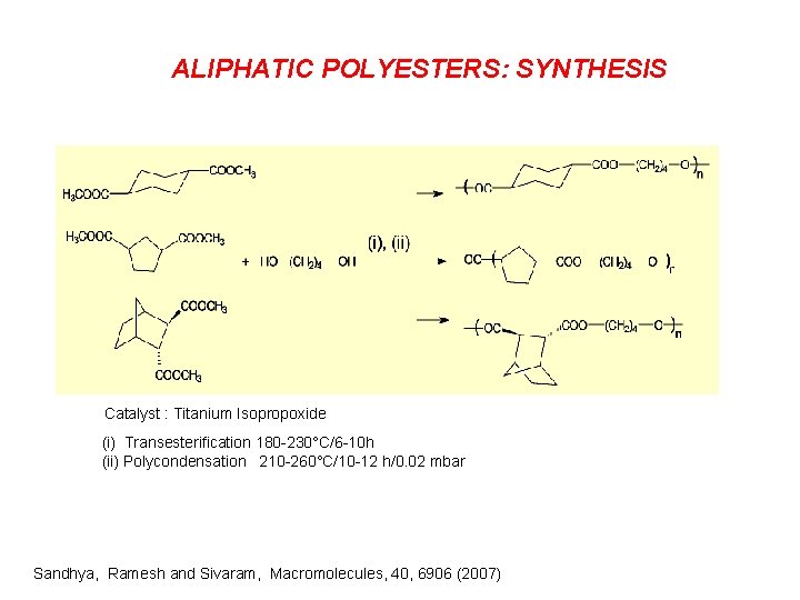 ALIPHATIC POLYESTERS: SYNTHESIS Catalyst : Titanium Isopropoxide (i) Transesterification 180 -230°C/6 -10 h (ii)