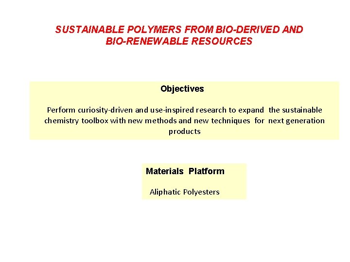 SUSTAINABLE POLYMERS FROM BIO-DERIVED AND BIO-RENEWABLE RESOURCES Objectives Perform curiosity-driven and use-inspired research to