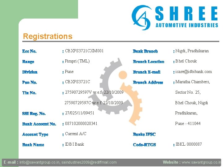 Registrations CBXPS 3721 CXM 001 Nigdi, Pradhikaran Pimpri (TML) Bhel Chouk Pune icare@idbibank. com