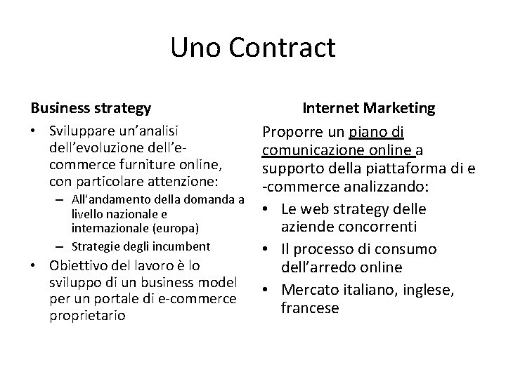 Uno Contract Business strategy • Sviluppare un’analisi dell’evoluzione dell’ecommerce furniture online, con particolare attenzione: