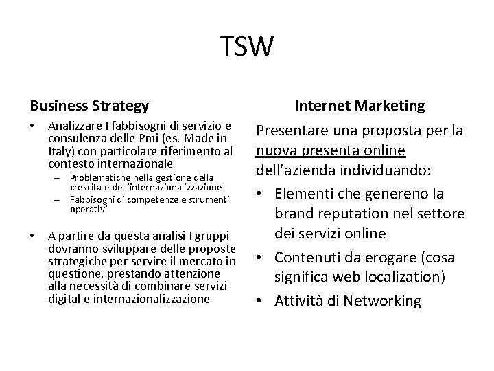 TSW Business Strategy • Analizzare I fabbisogni di servizio e consulenza delle Pmi (es.