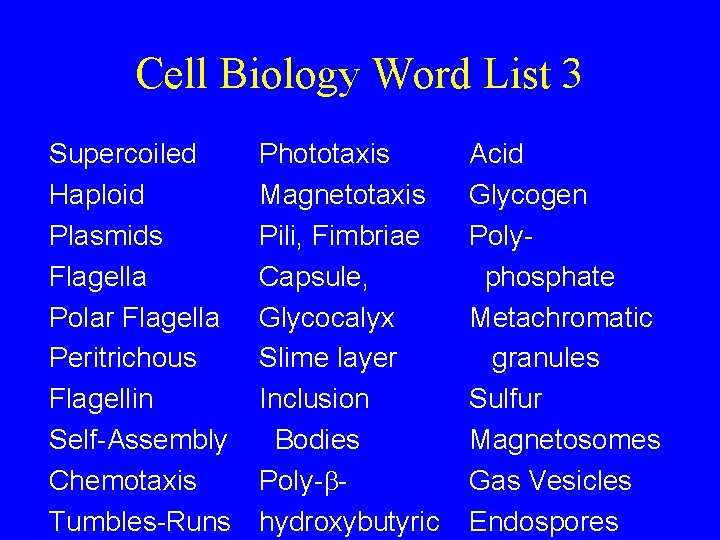 Cell Biology Word List 3 Supercoiled Haploid Plasmids Flagella Polar Flagella Peritrichous Flagellin Self-Assembly