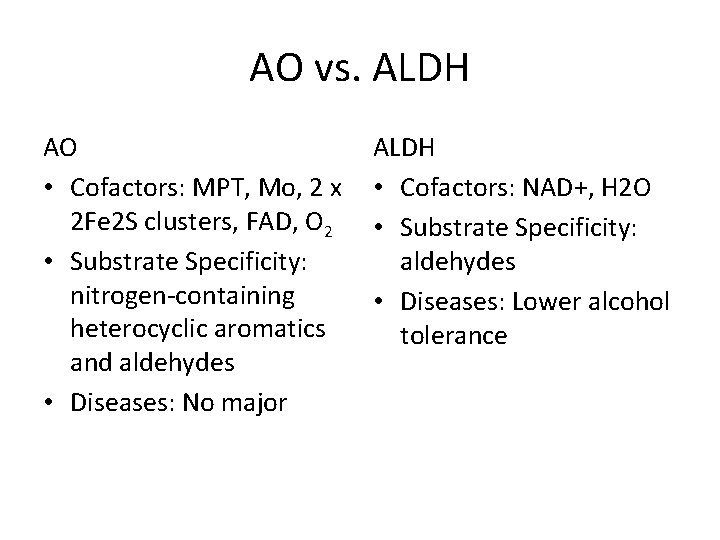 AO vs. ALDH AO • Cofactors: MPT, Mo, 2 x 2 Fe 2 S