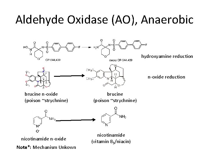 Aldehyde Oxidase (AO), Anaerobic hydroxyamine reduction n-oxide reduction brucine n-oxide (poison ~strychnine) nicotinamide n-oxide
