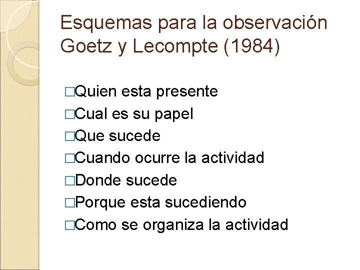 Esquemas para la observación Goetz y Lecompte (1984) �Quien esta presente �Cual es su