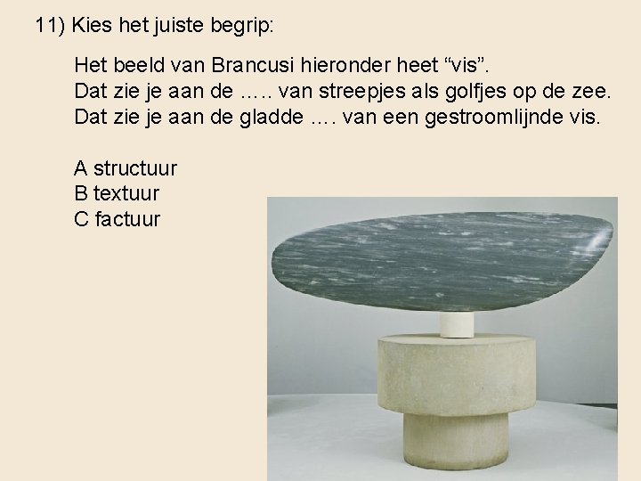 11) Kies het juiste begrip: Het beeld van Brancusi hieronder heet “vis”. Dat zie