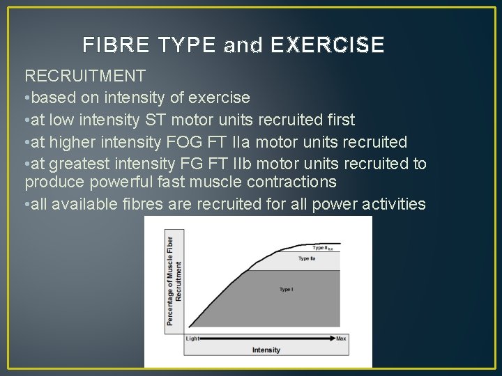 FIBRE TYPE and EXERCISE RECRUITMENT • based on intensity of exercise • at low