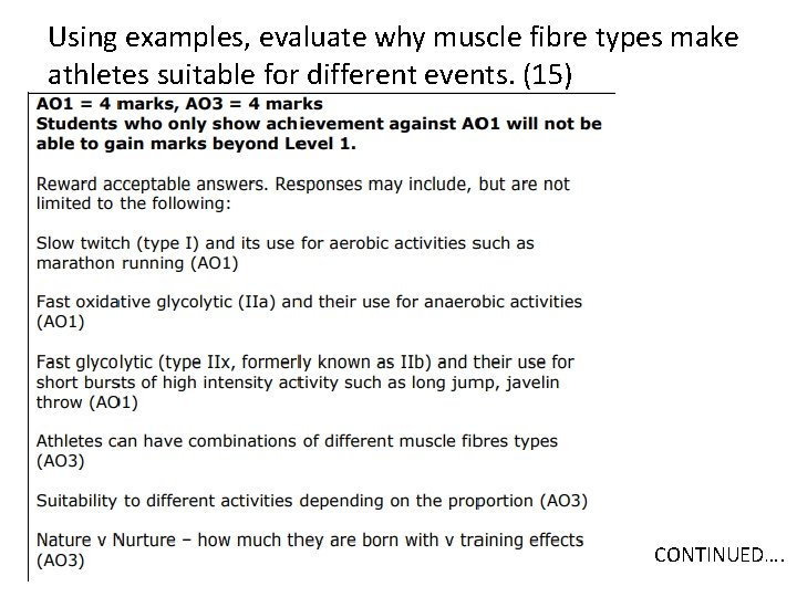 Using examples, evaluate why muscle fibre types make athletes suitable for different events. (15)