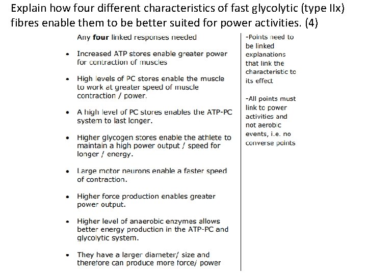 Explain how four different characteristics of fast glycolytic (type IIx) fibres enable them to