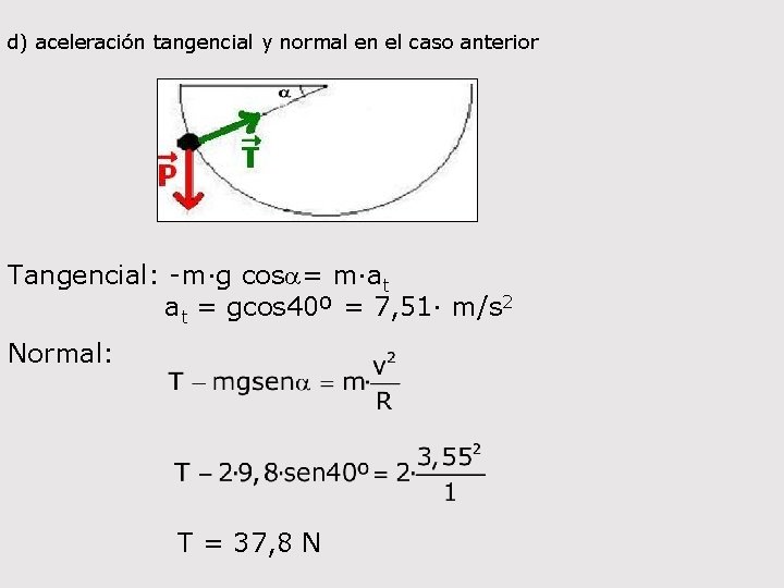 d) aceleración tangencial y normal en el caso anterior Tangencial: -m·g cosa= m·at at