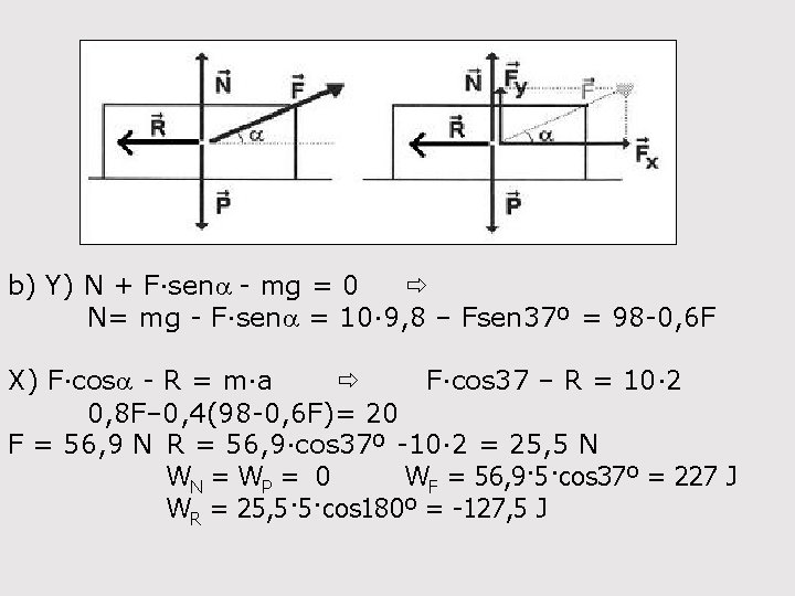 b) Y) N + F·sena - mg = 0 N= mg - F·sena =