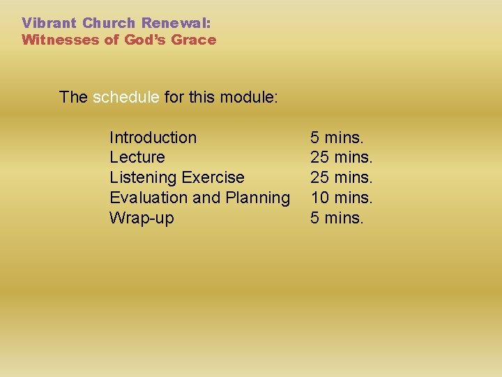 Vibrant Church Renewal: Witnesses of God’s Grace The schedule for this module: Introduction Lecture